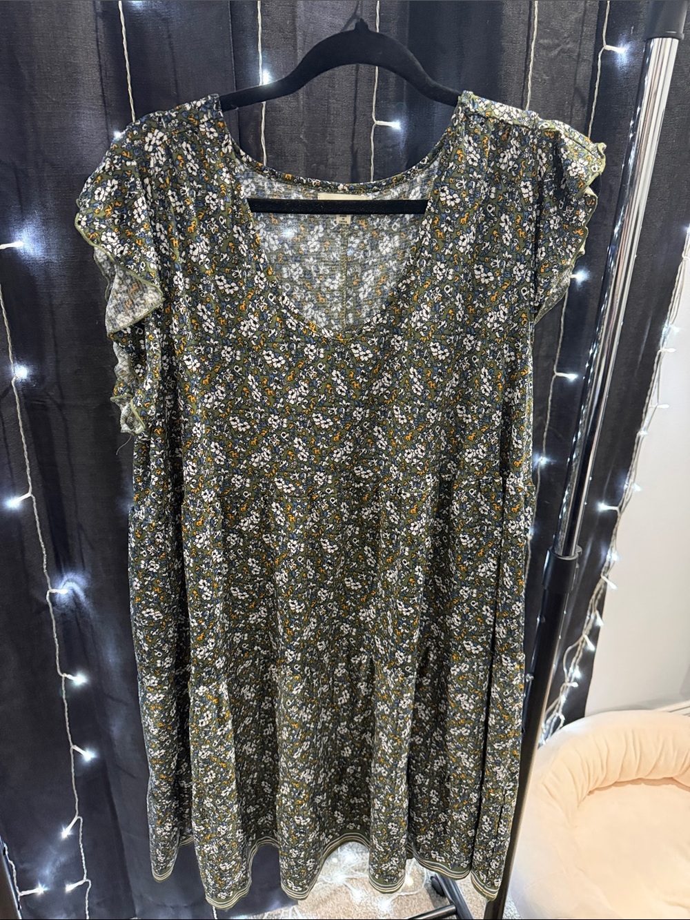 Max Studio Olive Floral Midi Dress with Scoop Neck